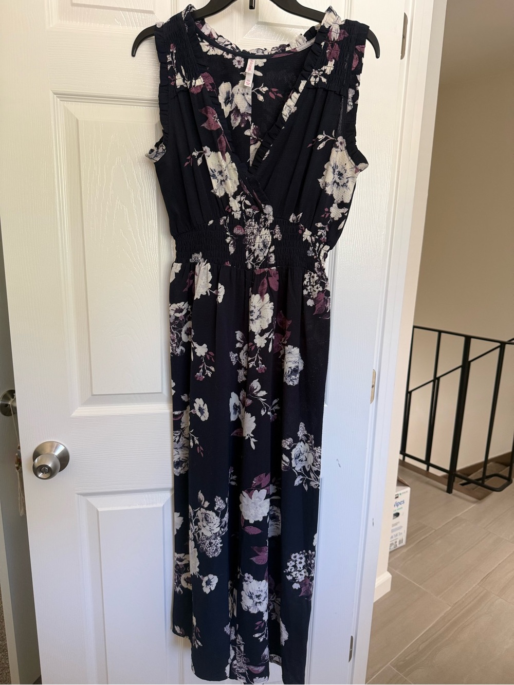 Xhilaration Navy Floral Sleeveless Jumpsuit with Smocked Waist